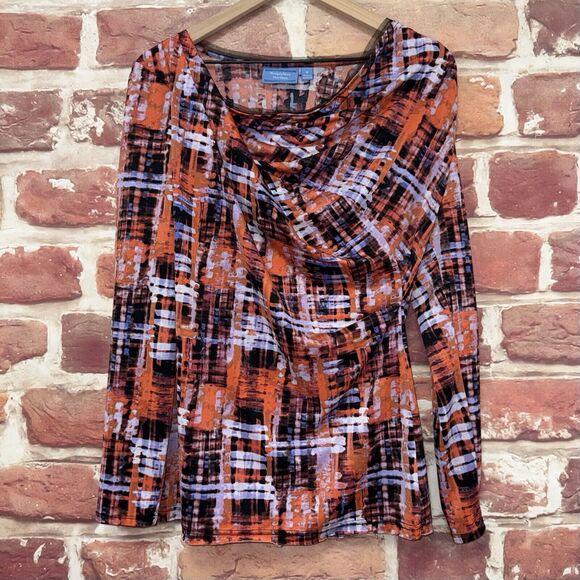 Simply Vera Wang Top Women's Medium Orange Multicolor Plaid Abstract Shirt - Picture 1 of 8